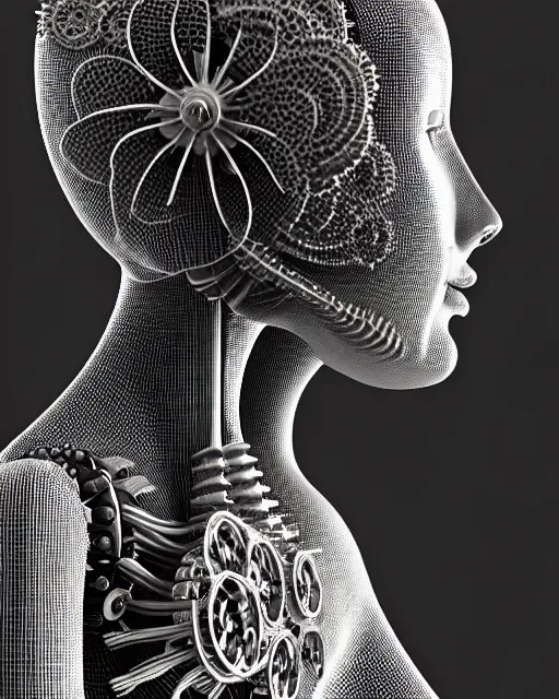 Image similar to mythical black and white organic bio-mechanical spinal ribbed profile face portrait detail of silver mechanical beautiful female angelic-queen-vegetal-cyborg, highly detailed, intricate steampunk flower ornate, poetic, 3D render, digital art, octane render, 8K artistic photography, photo-realistic, by Dora Maar