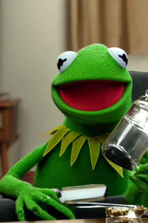 Image similar to candid photo of kermit the frog sitting on the couch hitting a bong, kermit the frog in ted ( 2 0 1 2 ) bong scene, kermit the frog, high resolution photo, trending on artstation, interior design,