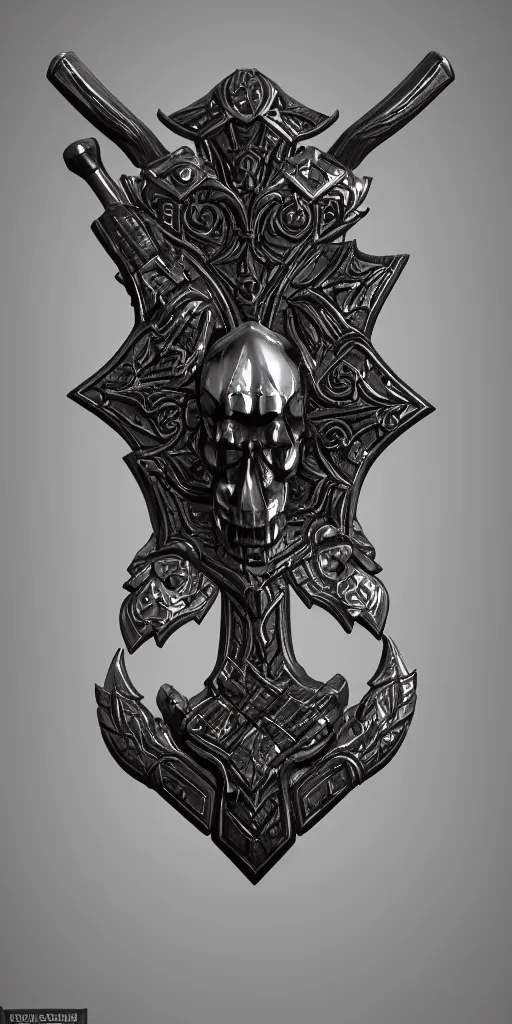 Prompt: a black and silver axe skull crest, ornament, dwarven weapon, by dom qwek, trending on artstation, hard surface modeling, axe, ax