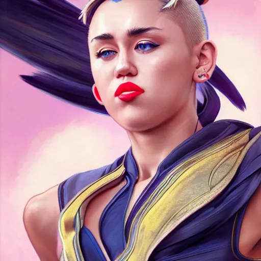 Image similar to miley cyrus as chun li from street fighter, 4 k, ultra realistic, detailed focused art by artgerm and greg rutkowski and alphonse mucha