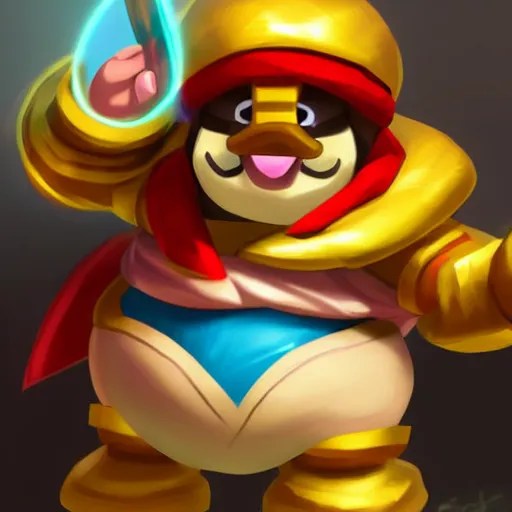 Prompt: king dedede league of legends character art. west studio style. digital illustration. hyper realistic. high quality. high resolution. 4 k. dynamic lighting. highly detailed. sharp focus. non blurry. smooth.