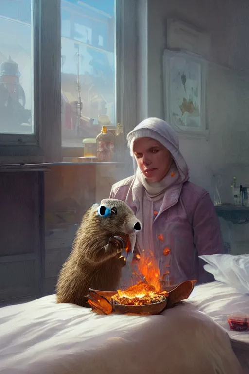 Image similar to groundhog cooking meth lies on the bed, realistic portrait, highly detailed, digital painting, artstation, concept art, smooth, sharp focus, illustration, cinematic lighting, art by artgerm and greg rutkowski and alphonse mucha