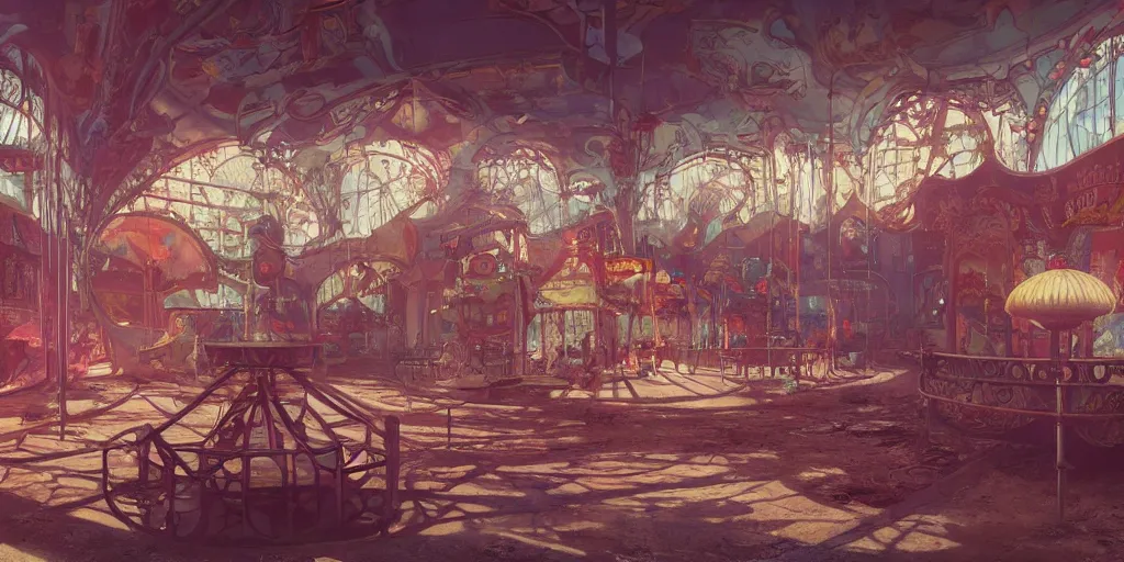 Image similar to abandoned amusement park interior design, Moebius, Greg Rutkowski, Zabrocki, Karlkka, Jayison Devadas, Phuoc Quan, trending on Artstation, 8K, ultra wide angle, pincushion lens effect.