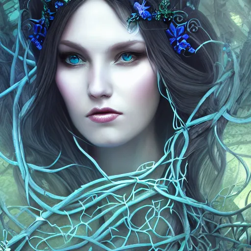 Prompt: detailed portrait of a dark fairy queen , realism, pale blue, emerald, sapphire, wearing a crown of vines, nest of vipers, moonlit, dark fantasy, dramatic lighting, cgsociety, artstation