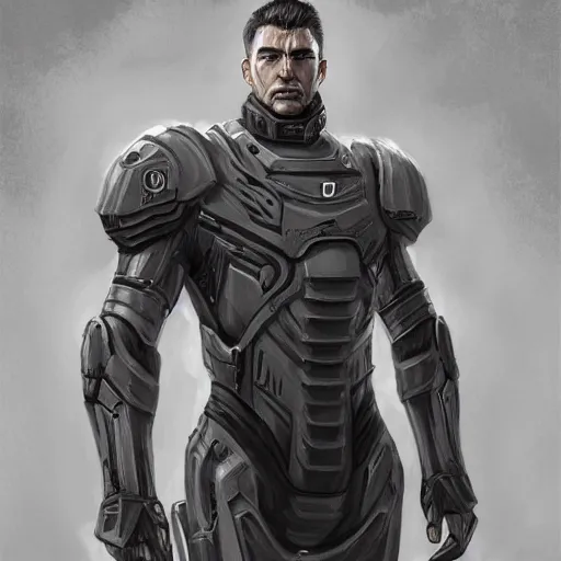 Prompt: a portrait of a tall muscular man with short grey hair and a tactical suit on, D&D, sci-fi, elegant, hopeful, muscular, highly detailed, digital painting, artstation, concept art, smooth, sharp focus, illustration