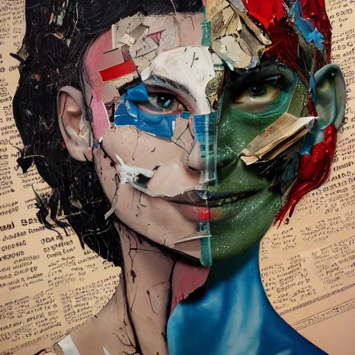 Image similar to a painting of a woman's face with pieces of torn-up pages of superhero comic books on her face, a surrealist painting, behance contest winner, pop surrealism, surrealist, detailed painting, poster art