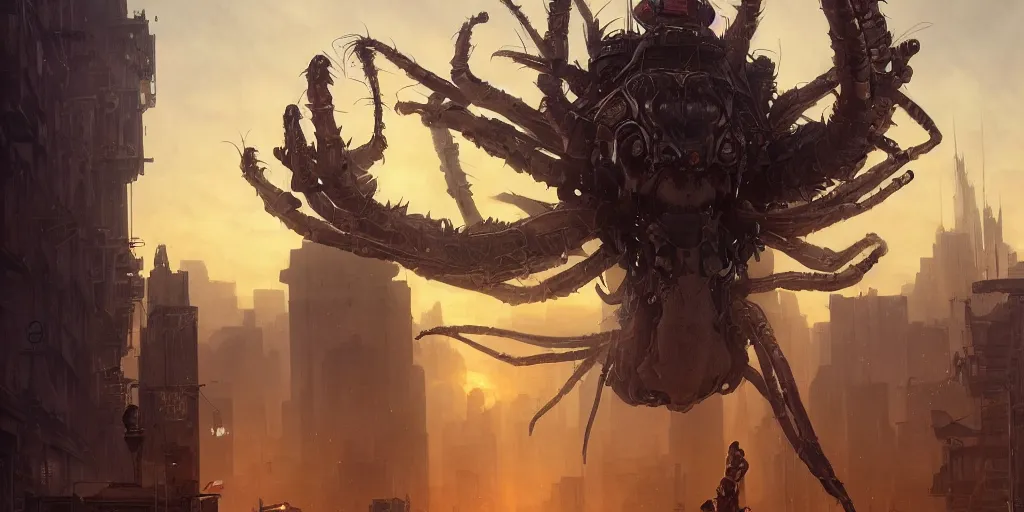 Prompt: giant spiders, city is pure wasteland, sunset in background, detailed characters, alphonse mucha, greg rutkowski, trending on artstation, artgerm, breathtaking, sharp focus, smooth, mark arian, award winning, highly detailed 4 k art