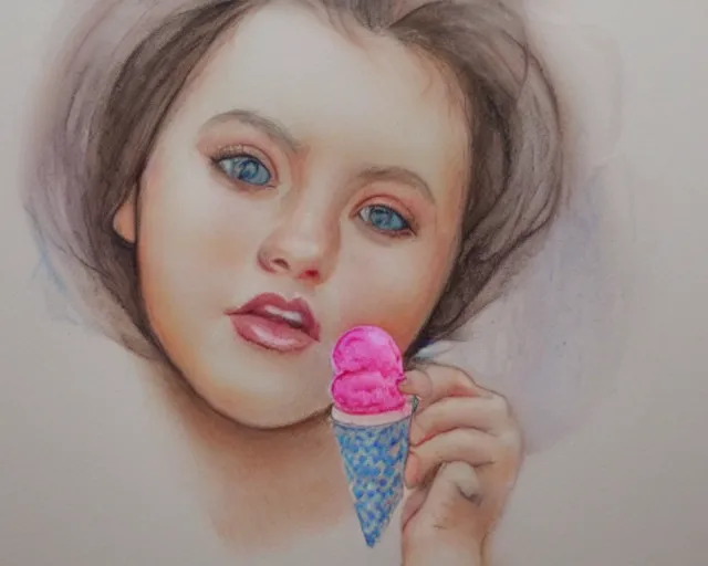 Image similar to a girl with the ice cream watercolor colored pencil painting trending on artstation