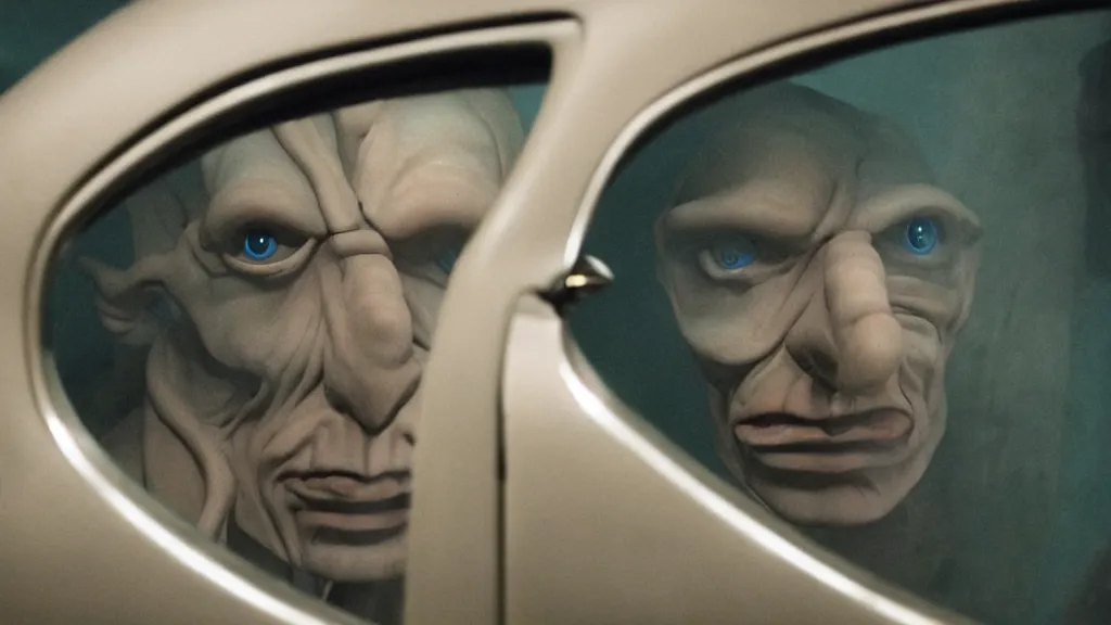 Image similar to the creature sits in a car, made of wax and metal, they look me in the eye, film still from the movie directed by Denis Villeneuve and David Cronenberg with art direction by Salvador Dalí, wide lens