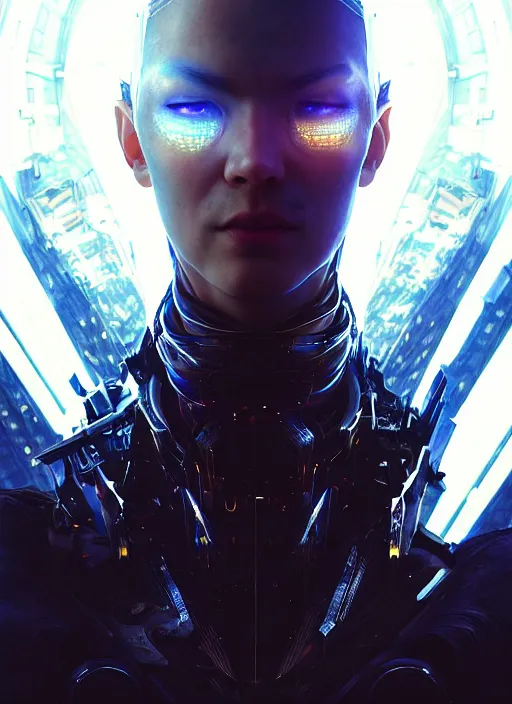 Prompt: Centered portrait shot of a human cyborg, cyberpunk, sci-fi fantasy, dramatic lighting, cinematic, establishing shot, extremely high detail, cinematic lighting, by Yoshitaka Amano, Ruan Jia, Kentaro Miura, Artgerm, post processed, concept art, artstation, style by eddie mendoza, raphael lacoste, alex ross, 8K, unreal engine, octane render