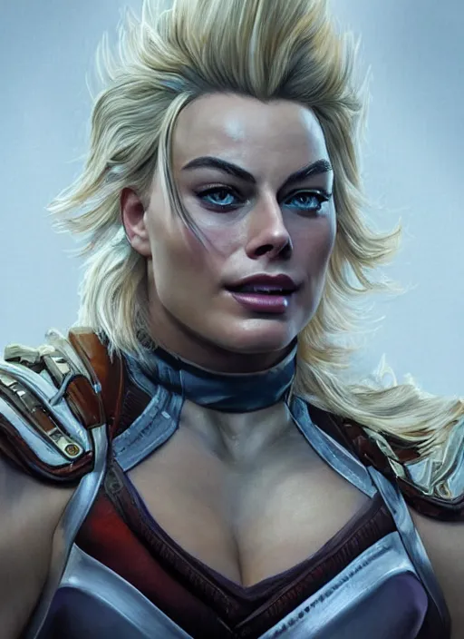 Image similar to detailed portrait of margot robbie as a thick female bodybuilder champion zarya from overwatch, attractive, beautiful, fantasy, intricate, elegant, highly detailed, digital painting, artstation, concept art, matte, sharp focus, illustration, art by aenaluck, artgerm and roberto ferri and greg rutkowski, epic fantasy, digital painting