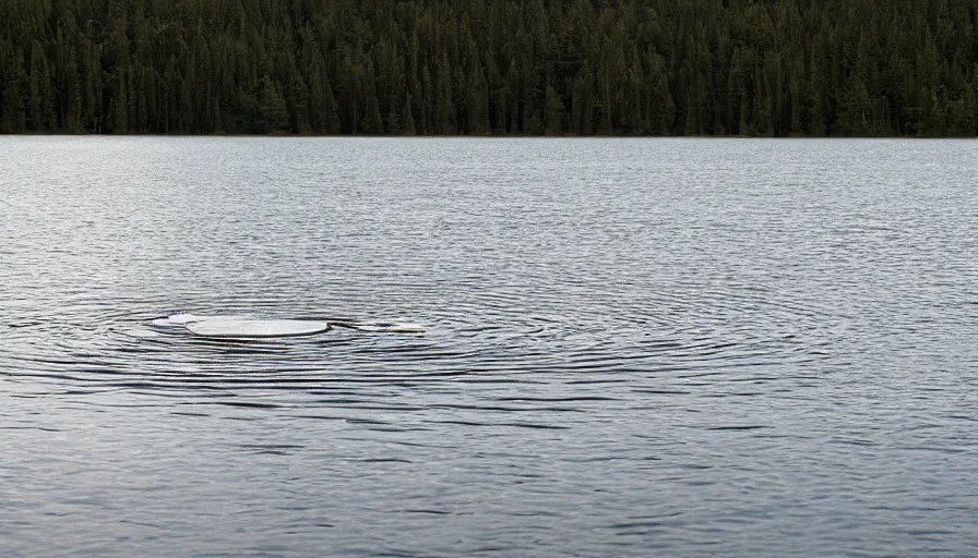 Image similar to photograph of a centered rope floating on the surface of the water, the rope is snaking towards the center of the lake, a dark lake on a cloudy day, anamorphic lens, kodak color film stock