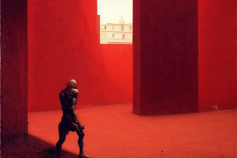 Image similar to only with red, caesar after war, the great deal, a red tiger, in hoc signo vinces, rome in background, an ancient path, in the style of beksinski, part by hopper, part by rodcenko, part by hofbauer, intricate composition, red by caravaggio, insanely quality, highly detailed, masterpiece, red light, artstation