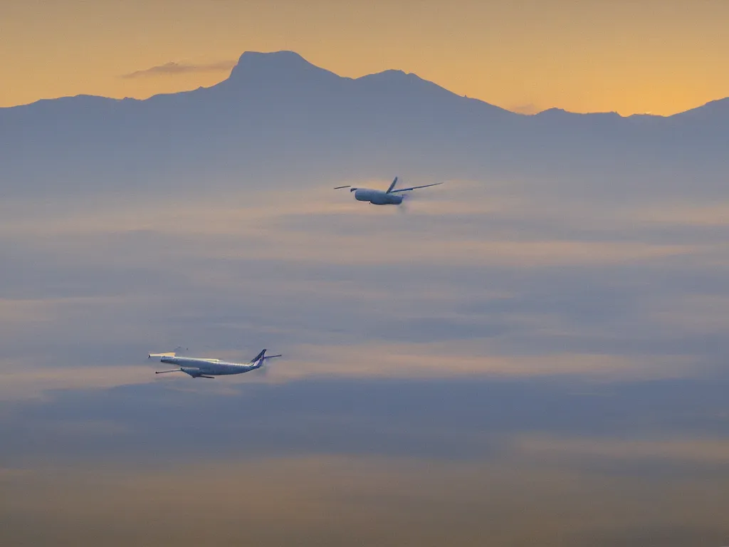 Prompt: single airbus airplane on runway at sunrise, mist. hills in the background. painting by moebius