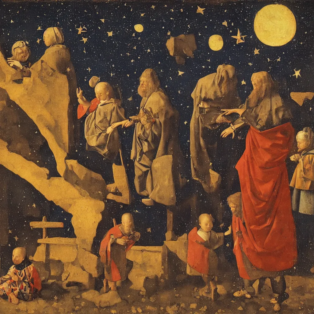 Prompt: The old teacher shows the two boys the constellations on the roof, the moon in the starry sky, medieval painting by Jan van Eyck, Johannes Vermeer, Florence