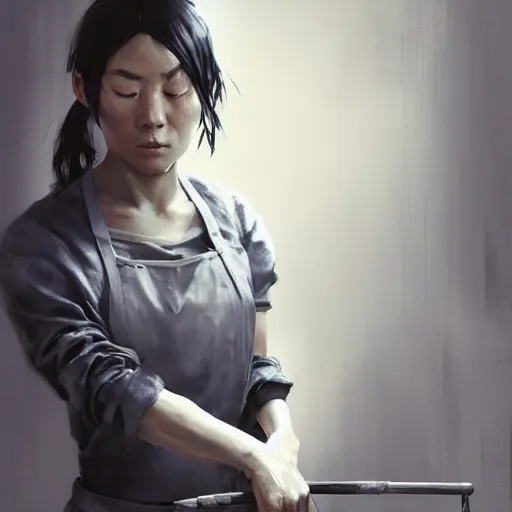 Image similar to portrait of a short muscular Japanese woman with a short ponytail wearing a gray t shirt and a work apron, dramatic lighting, illustration by Greg rutkowski, yoji shinkawa, 4k, digital art, concept art, trending on artstation