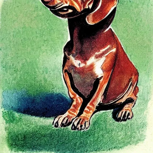 Image similar to jerry pinkney illustration of a dachshund