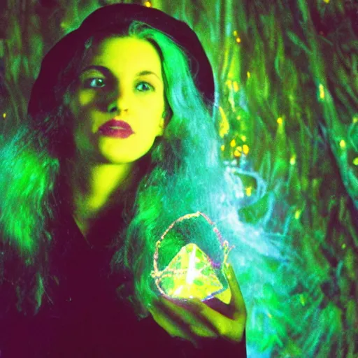 Image similar to beautiful witch holding a glowing crystal, insane colors deep acid trip, film still