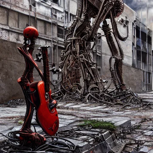 Image similar to flamethrower guitar robot standing in ruined street by Yoshitaka Amano, by HR Giger, biomechanical, 4k, hyper detailed, hyperrealism, anime, a Blood Moon rising on a Broken World, deviantart, artstation