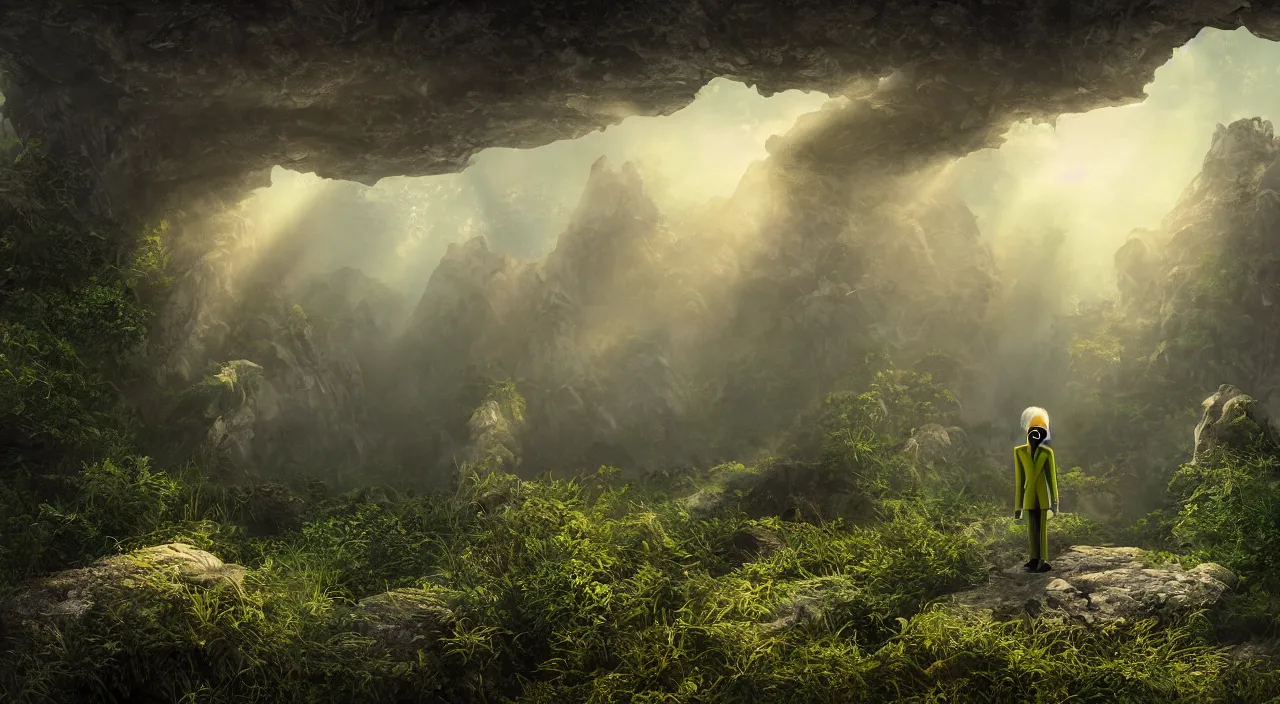 Image similar to photorealistic matte painting of mr burns of the simpsons standing far in misty overgrowth undergrowth jagged rock features volumetric fog light rays high contrast dawn