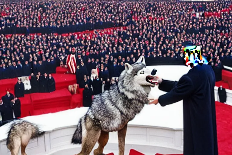 Image similar to photo of the usa presidential inauguration, a wolf fursuiter being inaugurated as president