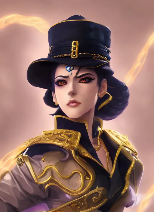 Image similar to a highly detailed illustration of beautiful girl cosplaying jotaro kujo, intricate, elegant, highly detailed, centered, digital painting, artstation, concept art, smooth, sharp focus, league of legends concept art, wlop.