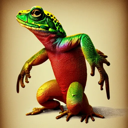 Image similar to three animals,trio, toad with wings front view holding a hand rainbow reptile front view holding hand golden lizard front view, trio, artstation, concept art, master illustration, details, good clear quality, fun - w 704