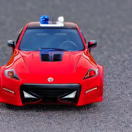 Image similar to a hotwheel supercar based on the nissan 3 7 0 z and acura nsx, it has a red and black paint, photoreal, car photography, hotwheels, supercar,