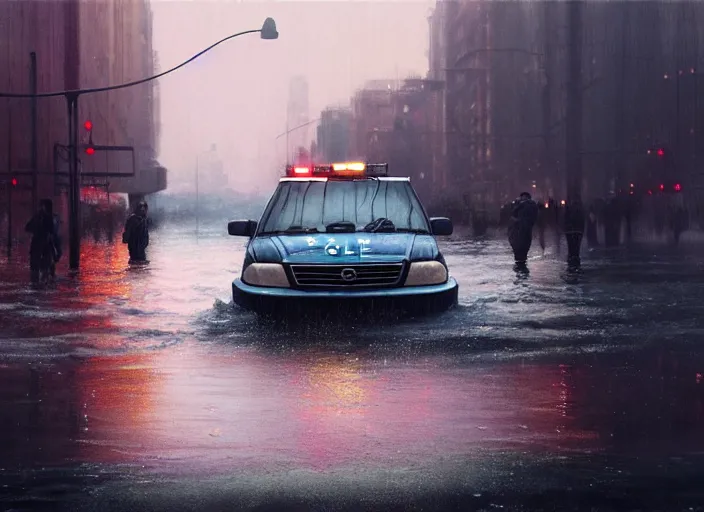 Prompt: a police car driving through shallow water, flooded city, raining, people walking through shallow water, muted colors, hyperrealistic, oil painting, intricate, cgsociety, artstation, 8 k, cinematic, soft lighting, by greg rutkowski, by wlop, by artgerm