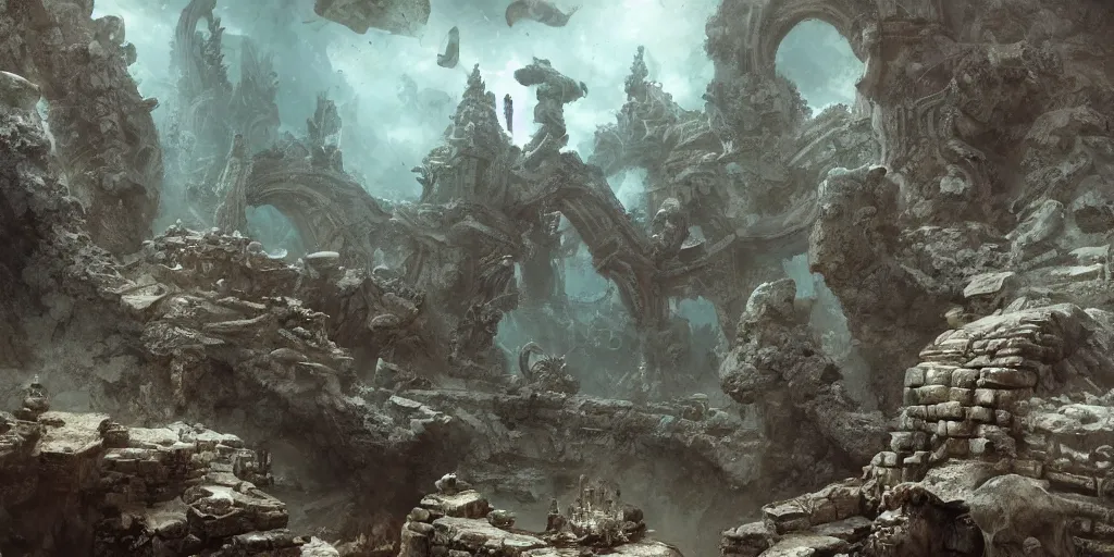 Image similar to Underwater ancient temple, statues, rubble, broken pillars, fishes, coral, Monster Hunter Illustrations art book, Moebius, Greg Rutkowski, Zabrocki, Karlkka, Jayison Devadas, Phuoc Quan, trending on Artstation, 8K, ultra wide angle, zenith view, pincushion lens effect.