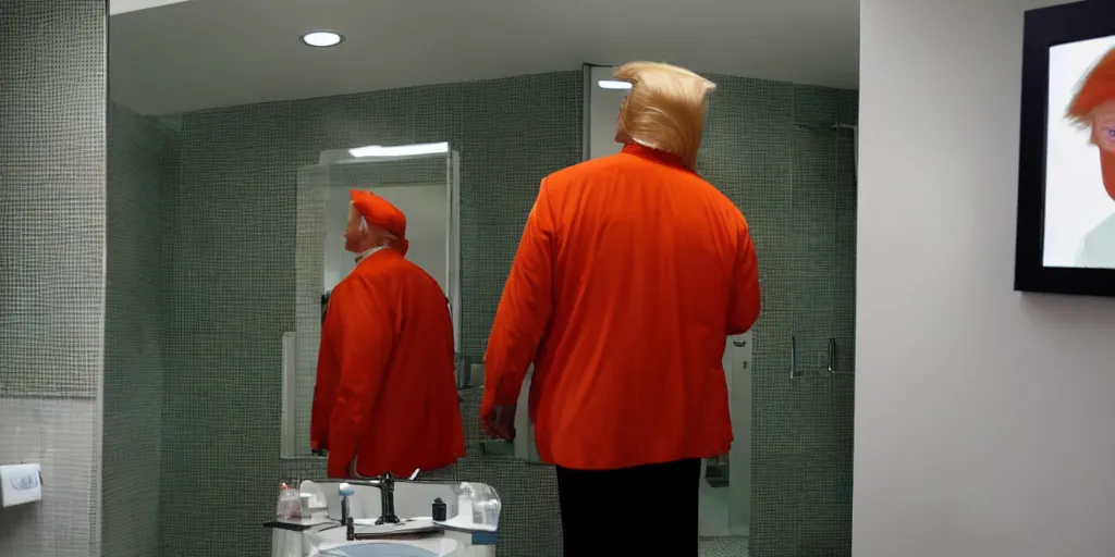 Image similar to ultra wide angle photo of donald trump dressed in a green flannel shirt and black dress pants as clark kent looking at himself in a bathroom mirror and seeing his reflection dressed as an orange skinned oompa loompa