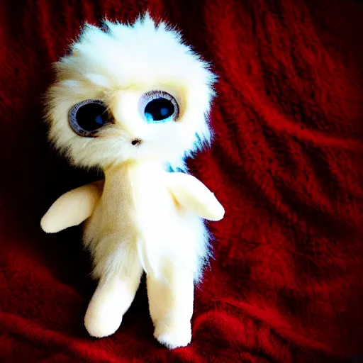 Image similar to lomography long shot of cute plush fluffy chthonic doll monster made to look like a baby, bokeh background