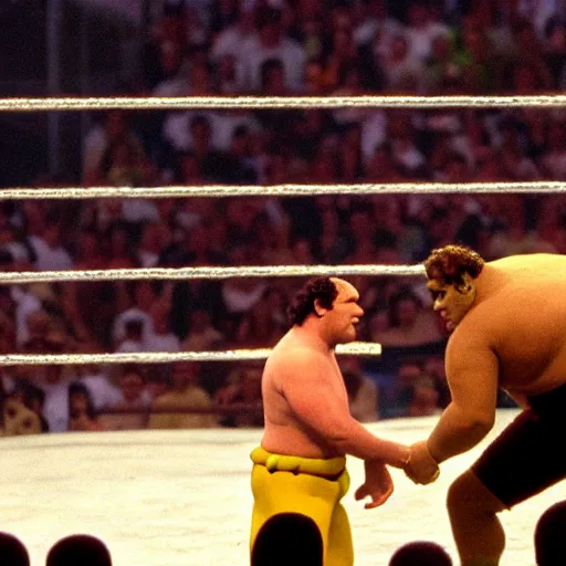 Image similar to shrek vs andre the giant at wrestlemania 8, dramatic lighting, 8k