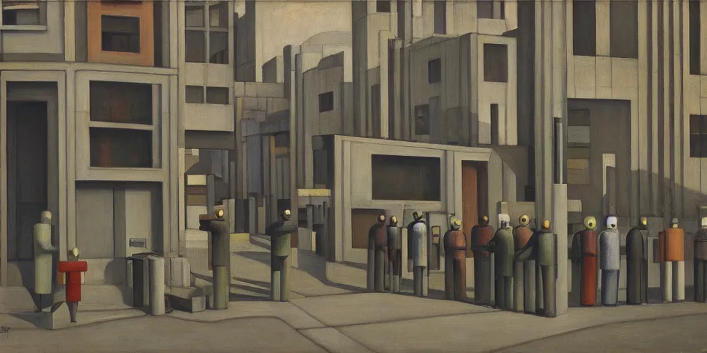 Prompt: robots queue up in a stark brutalist town, street elevation, grant wood, pj crook, edward hopper, oil on canvas