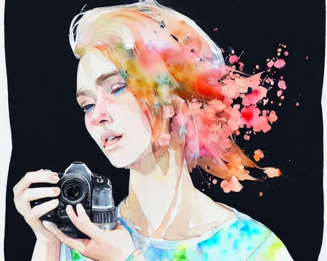 Prompt: pale young woman with bright blonde hair, freckles, bright eyes and a wide face, flowery dress, she is holding a professional dslr camera close to her face with her hands, expressive, emotional watercolor art by conrad roset