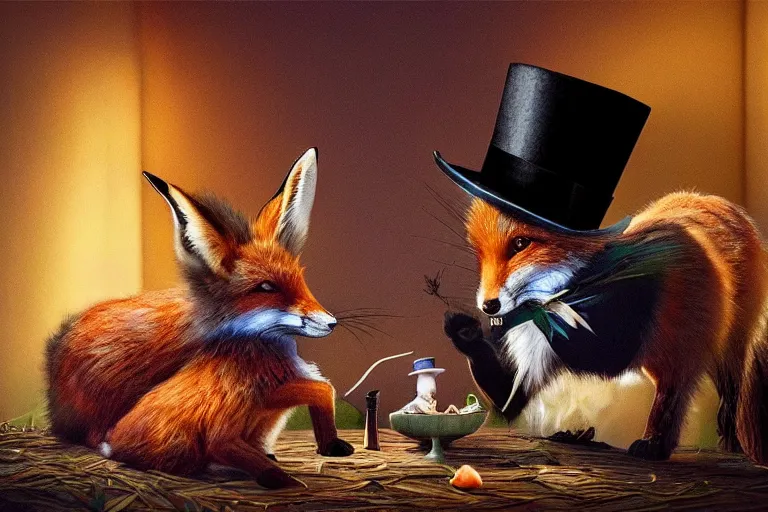 Prompt: the fox in the top hat whispered into the ear of the rabbit. photo - realistic hd, hyperrealism, colourful, highly detailed, cinematic, luminescence, 3 2 k, dop, high contrast, intricate, mystery, epic, fantasy