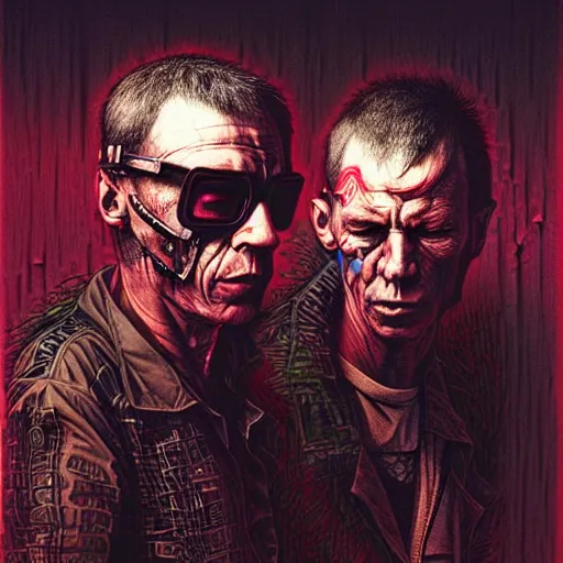 Image similar to cyberpunk sonny barger and hunter thompson by beksinski and tristan eaton, dark neon trimmed beautiful dystopian digital art