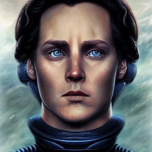 Image similar to realistic paul atreides emperor of the known universe, perfect dramatic and dark portrait by rabbitary b, trending on artstation, deviantart, dune