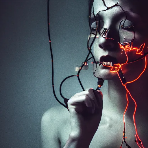 Prompt: a dark cyberpunk dream of wires broken skulls skin and decay, moody, hyperrealism, 8 k photo, atmospheric