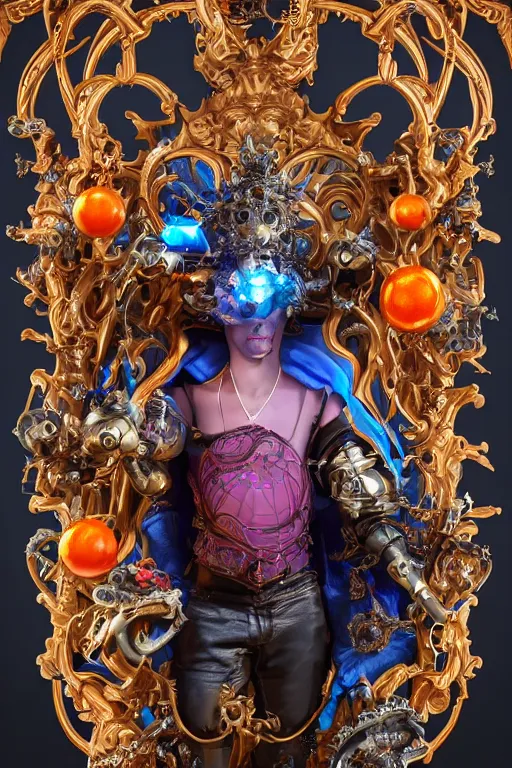 Image similar to full-body rococo and cyberpunk style sculpture of a young handsome Spanish prince half android with a chest exposing a glowing orange gem, glowing pink laser eyes, crown of blue gears and giant diamonds, swirling salmon-colored silk fabric, robotic raptors dinosaurs. baroque elements. full-length view. intricate artwork by caravaggio. Trending on artstation, octane render, cinematic lighting from the right, hyper realism, octane render, 8k, depth of field, 3D