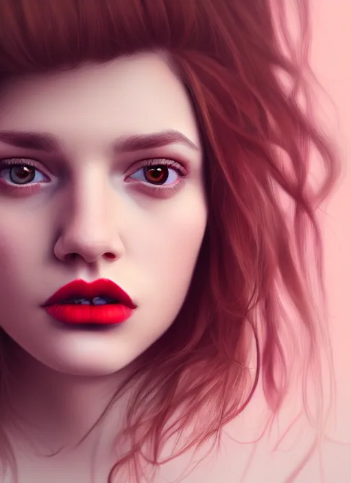 Image similar to highly detailed portrait of a young white woman with brown hair and scarlet lips, photographic realistic background, by tokenin, by glitchedpuppet, gradient pink, black, cream, brown and white color scheme, trending in artstation, award winning details