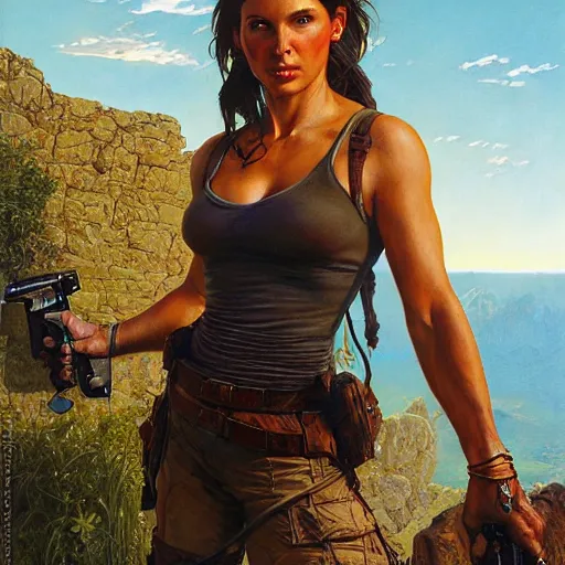 Image similar to portrait of lara croft, by donato giancola, alex ross, howard david johnson, and norman rockwell.