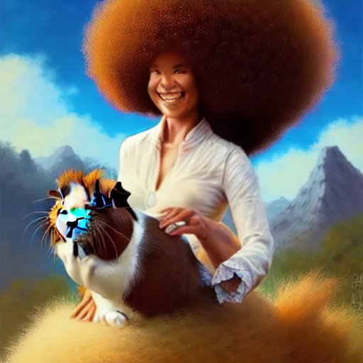 Prompt: bob ross!!! riding!!! a guinea pig!!, giant afro!, model pose, ultra realistic, concept art, intricate details, highly detailed, photorealistic, octane render, 8 k, unreal engine. art by artgerm and greg rutkowski and alphonse mucha