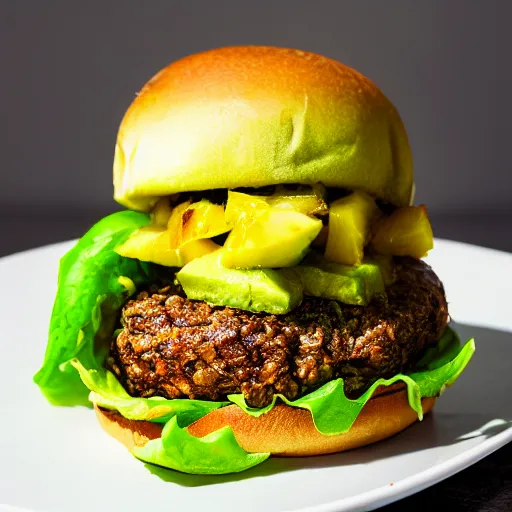 Image similar to juicy vegan hamburger topped with pineapple and avocado, crispy buns, 8 k resolution, food photography, studio lighting, sharp focus, hyper - detailed