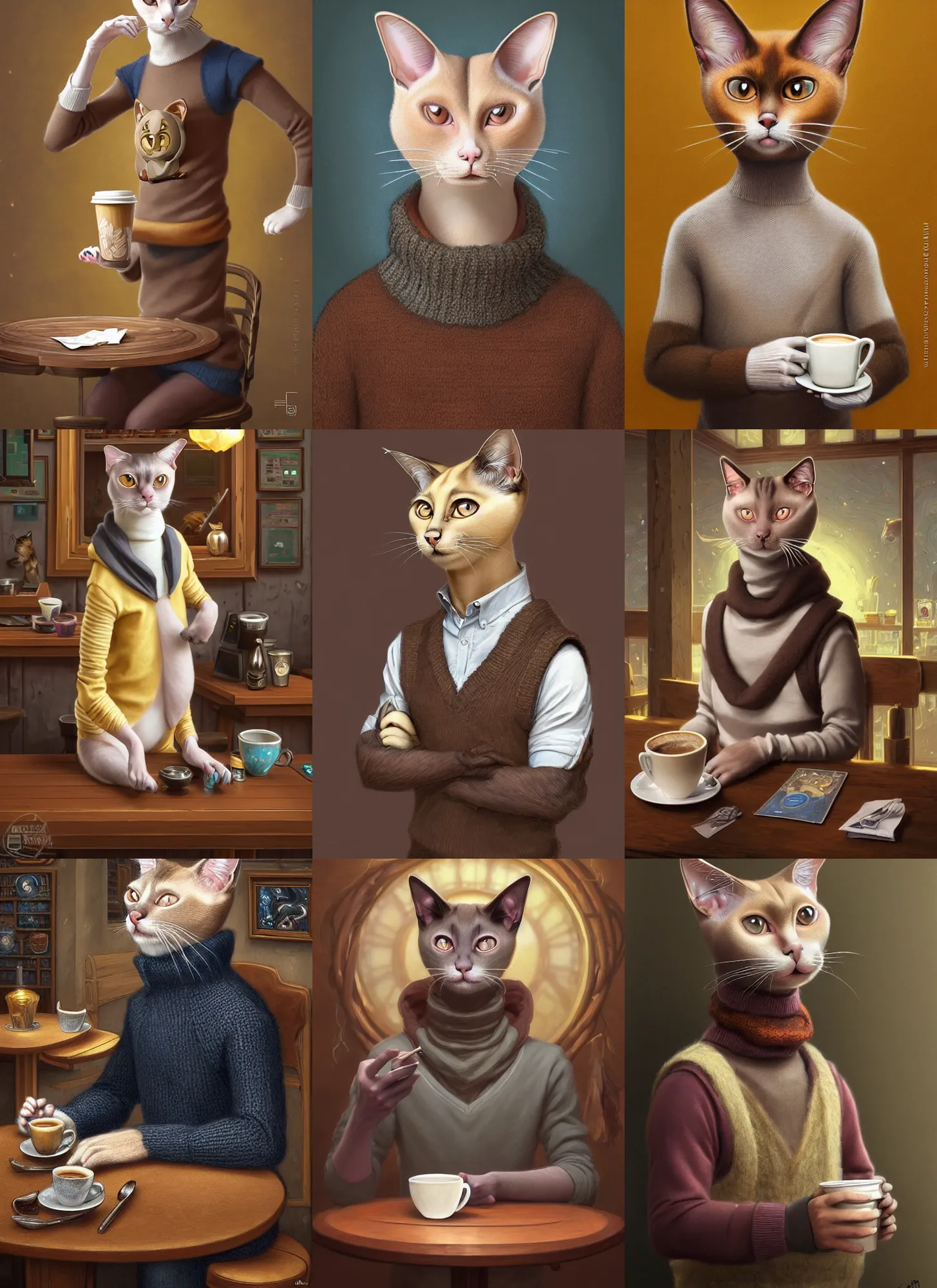 Prompt: full body photograph of a male anthropomorphic siamese cat fursona wearing a sweatervest sitting in a hipster coffee shop, deep focus, intricate, elegant, highly detailed, digital painting, artstation, concept art, matte, sharp focus, illustration, d & d, fantasy, hearthstone, art by artgerm and greg rutkowski and alphonse mucha