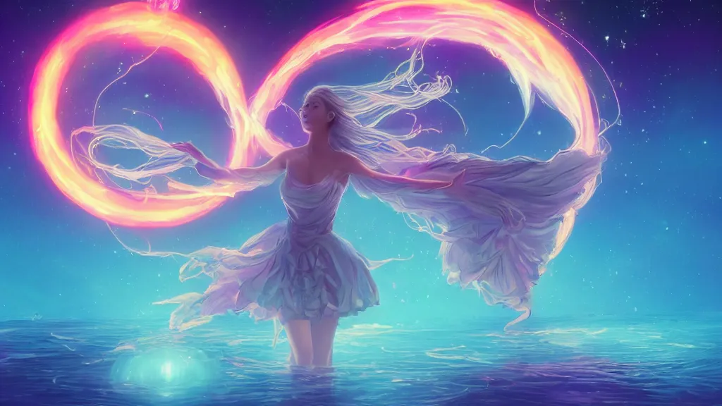 Image similar to a beautiful whimsical goddess floating above a lake basking in the moonlight, firebending, underneath a multi-colored binary blackhole with an accretion disc, glowing trails following her arms, synthwave, by Lois van Baarle, by Greg Rutkowski, by artgerm, by beeple, by studio ghibli, cinematic angle, volumetric lighting, 4k resolution, octane render, trending on artstation, masterpiece