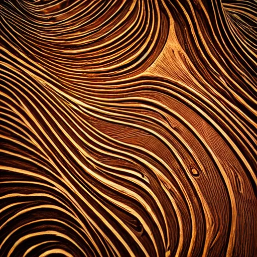 Image similar to a very intricate wood sculpture in the shape and texture of waves, fractal patterns, deep and expressive grain patterns, volumetric lighting, light rays, photorealistic, ultrarealistic, coronarender, 8k