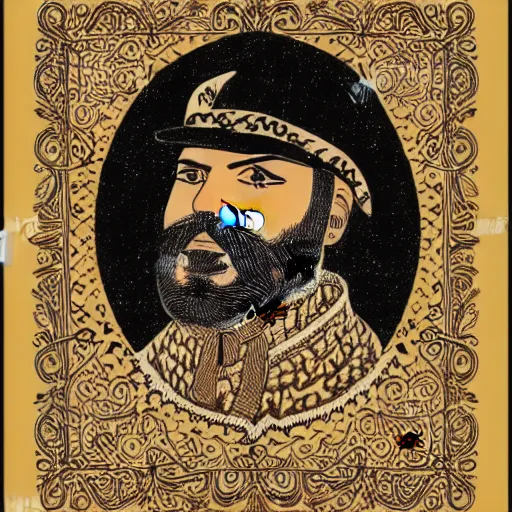 Prompt: bearded cowboy, portrait, calligraphic borders, persian folkore artstyle