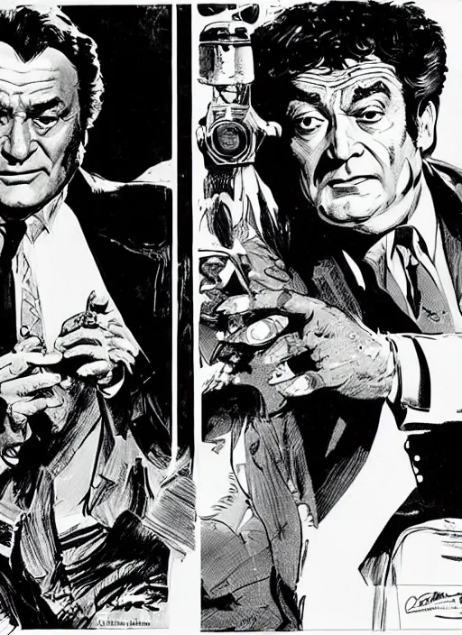 Prompt: Columbo and E. G. Marshall as Upson Pratt, comic book panels, artwork by Bernie Wrightson, detailed