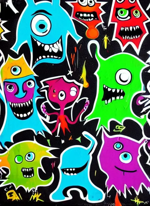 Image similar to beautiful graffiti monsters on black background paper